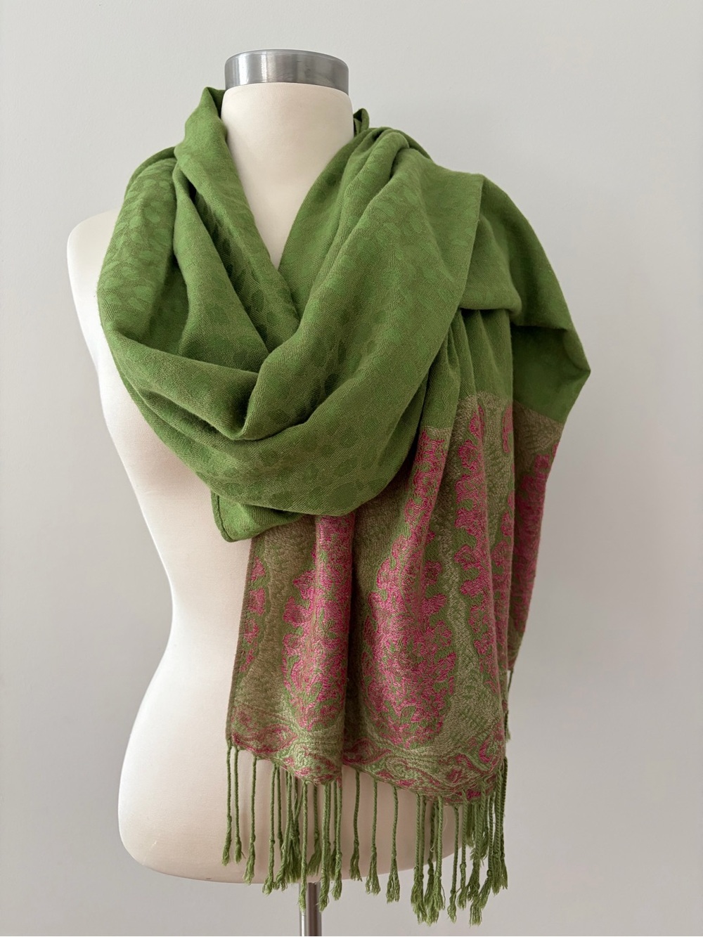 Karma Green & Pink Paisley Fringe Viscose Scarf 27x74